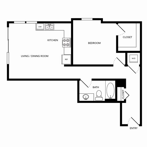 Floor plan for 1 bed, 1 bath, 734 sqft